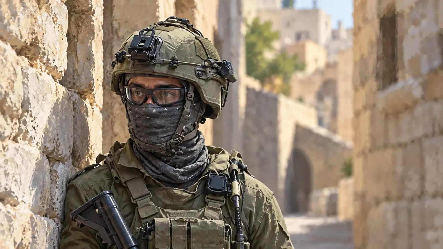 Olive-Clad Soldier in Stone Passage