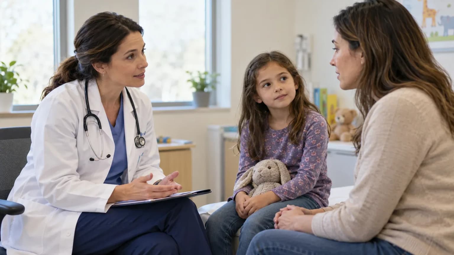 Pediatrician listening to mother and child