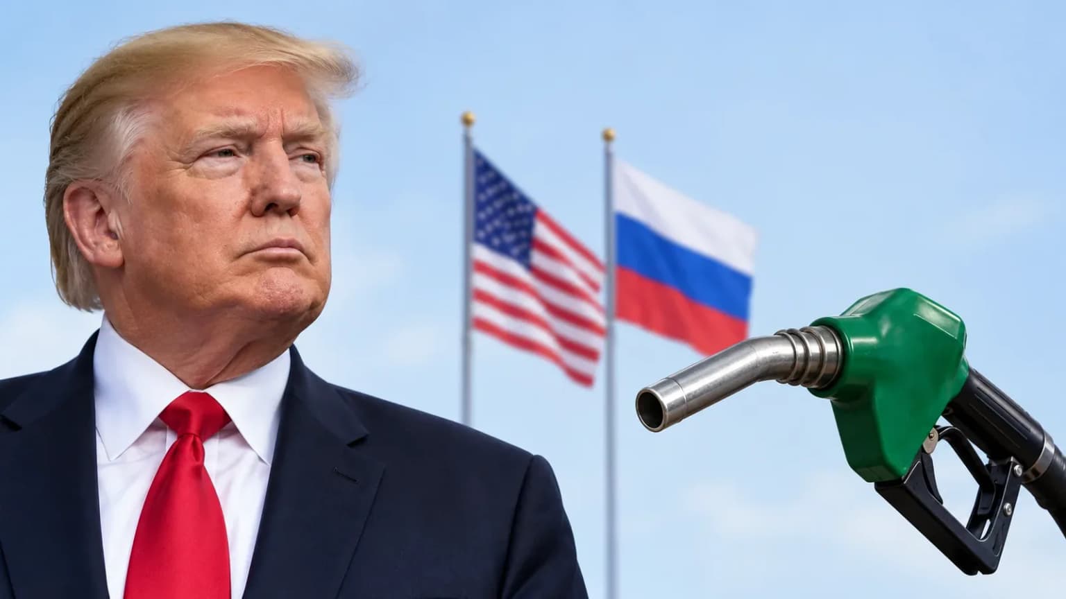 Trump, diesel nozzle, and US-Russia flags