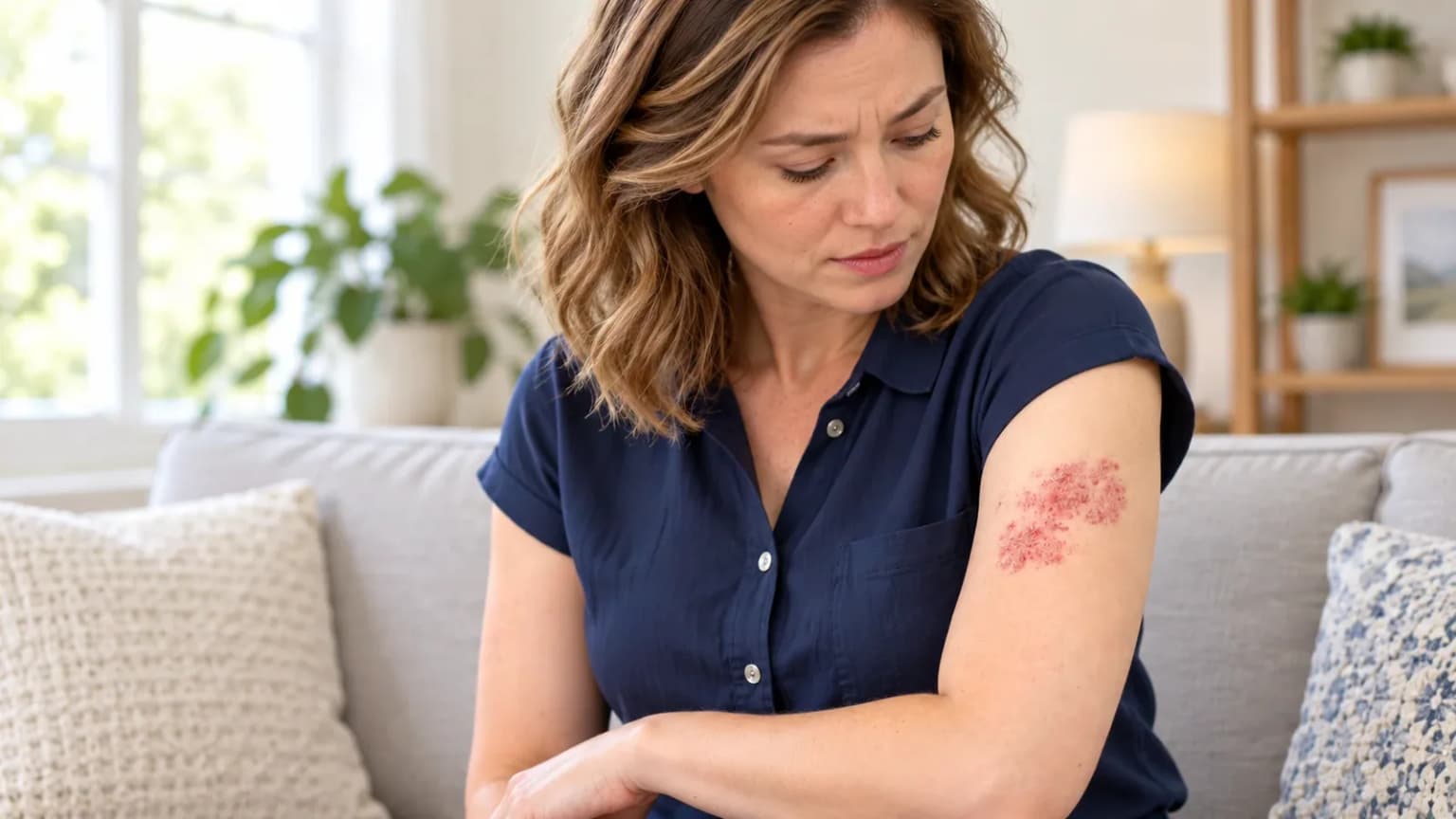 Woman Examines Arm Rash at Home